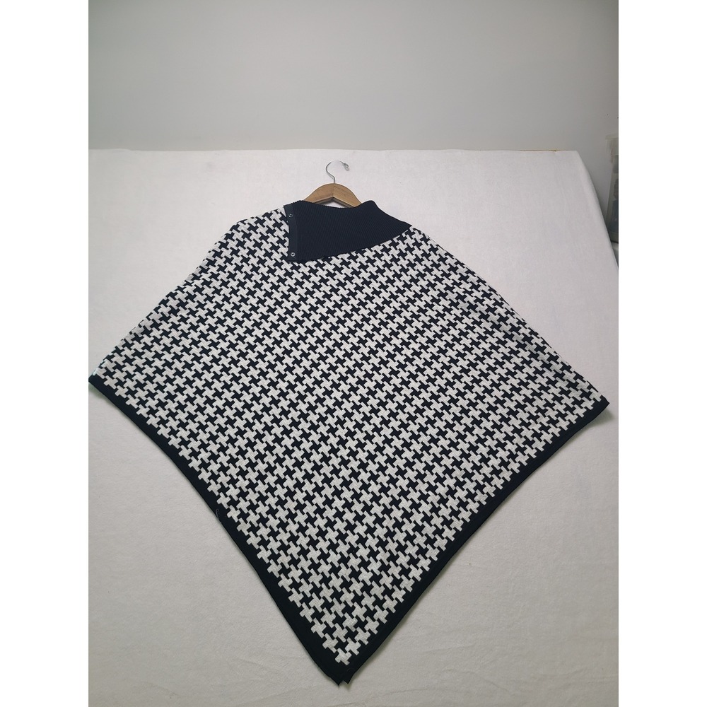 Chico's L/XL Poncho Classic Houndstooth Black White Mock Neck Button Knit Wrap
